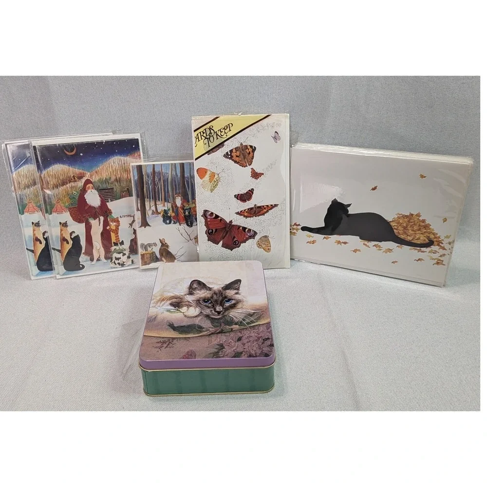 Sue Boettcher Elizabeth McAfee Stationery Lot Cat Santa Butterfly Cards Tin GOOD